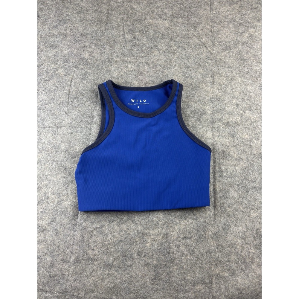 WILO The Label Women's S Sports Bra Zip High Neck Longline Ribbed Blue Contrast